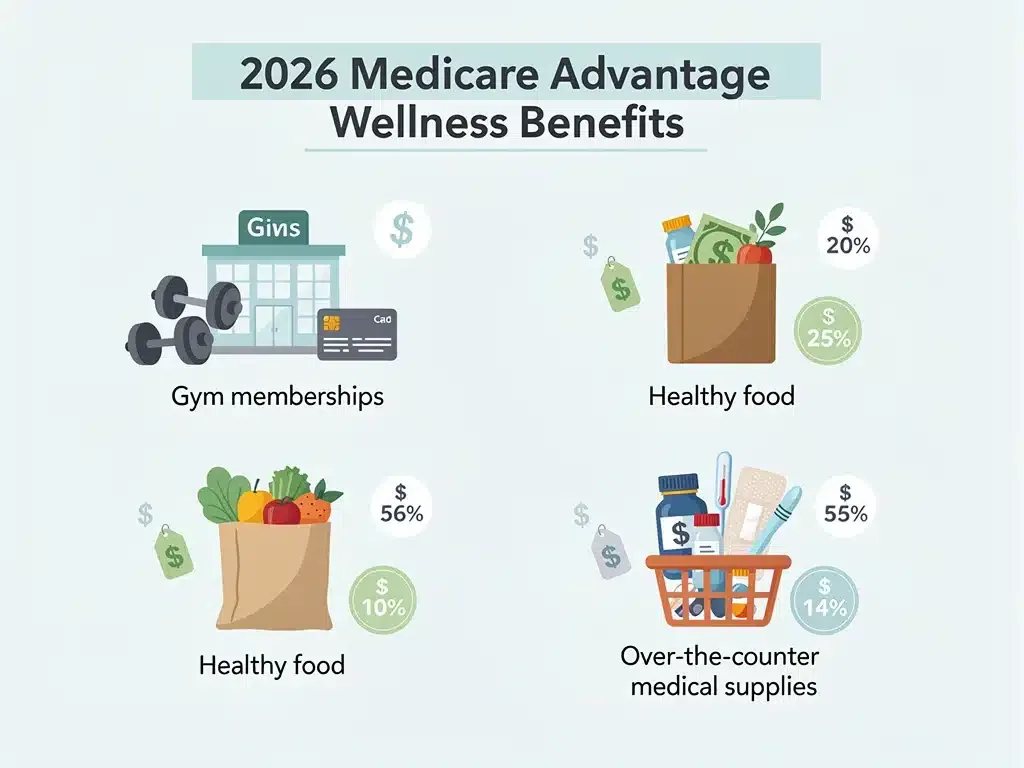 Infographic showing eligible wellness benefits for Medicare Advantage beneficiaries.