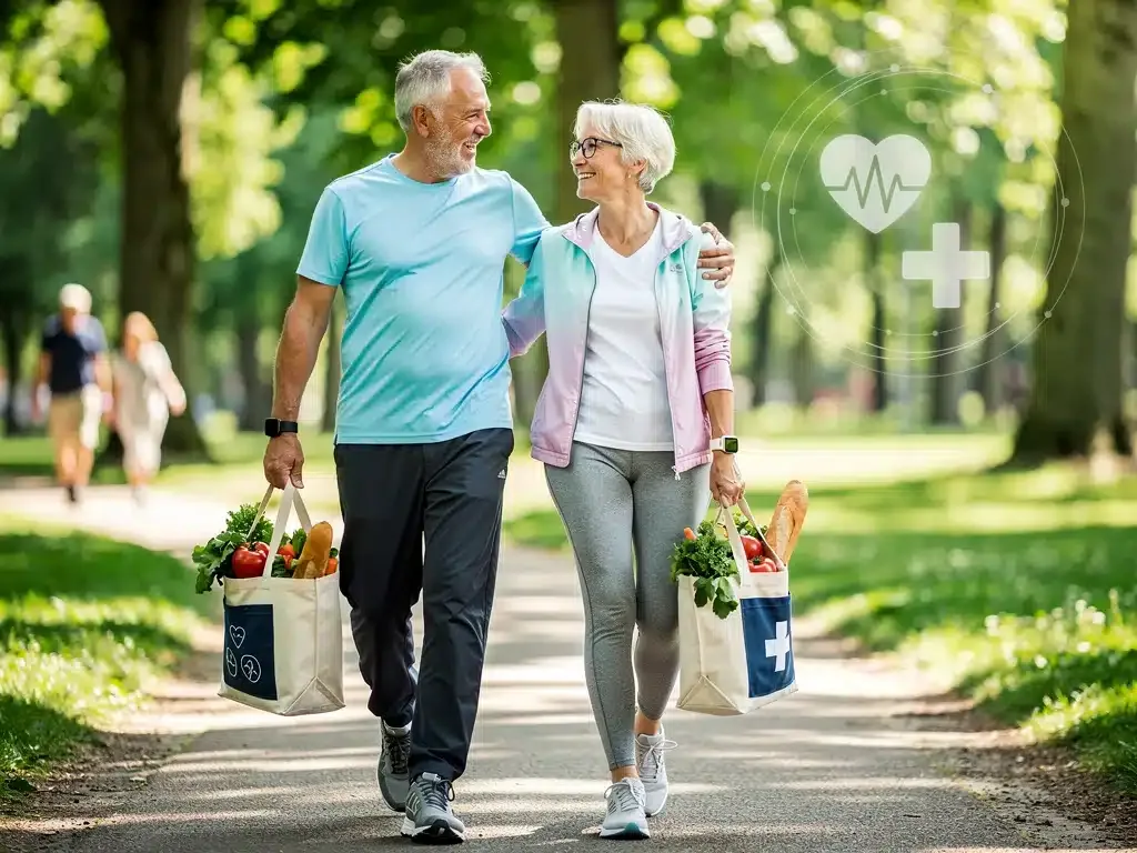 Senior couple actively utilizing their Medicare Advantage wellness benefits for health and well-being.