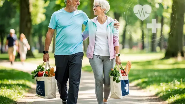 Senior couple actively utilizing their Medicare Advantage wellness benefits for health and well-being.