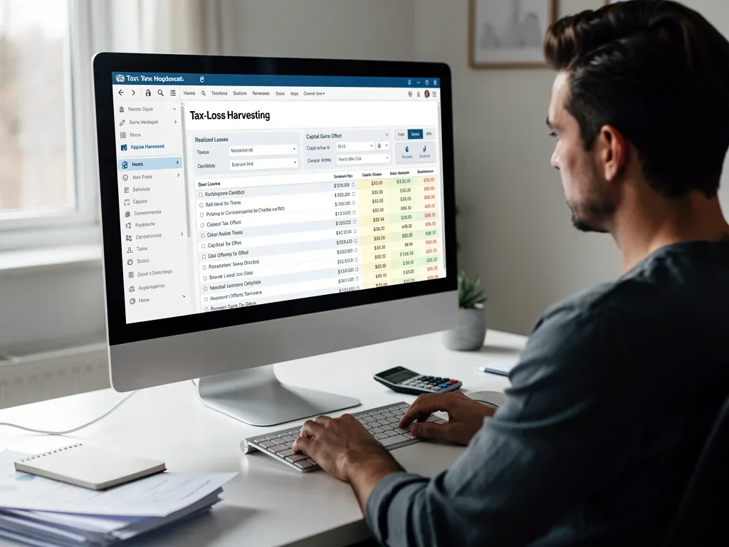 Individual utilizing tax software to apply tax-loss harvesting deductions.