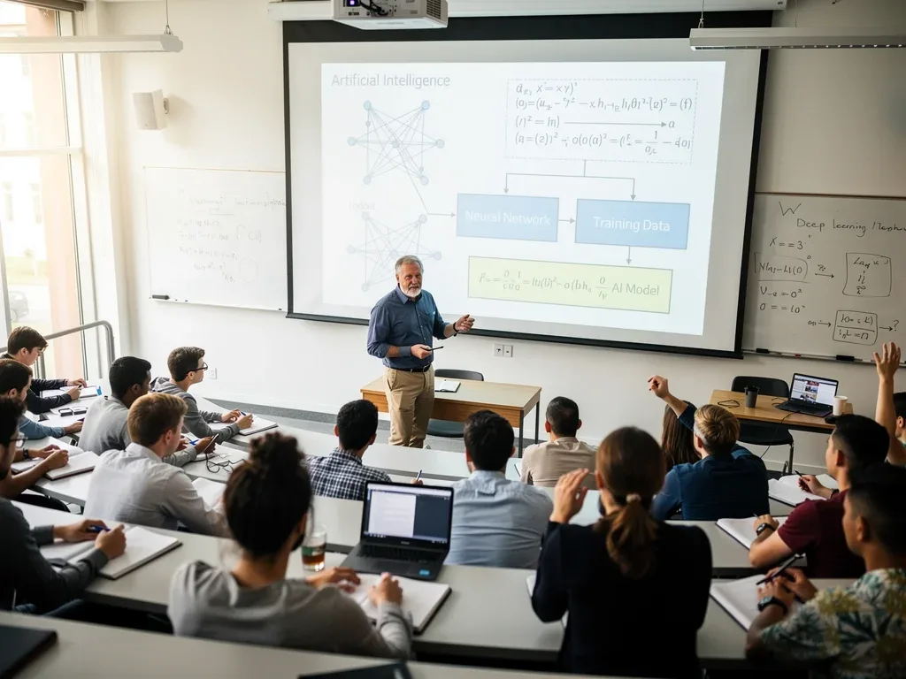 Professor teaching AI concepts to university students