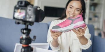 Get Free Sneakers and Sportswear smiley-woman-vlogging-with-her-sports-shoes