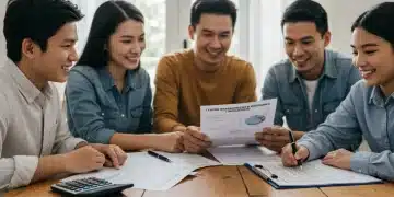 Family reviewing tax documents on a laptop, smiling, symbolizing maximized tax refunds for 2025.