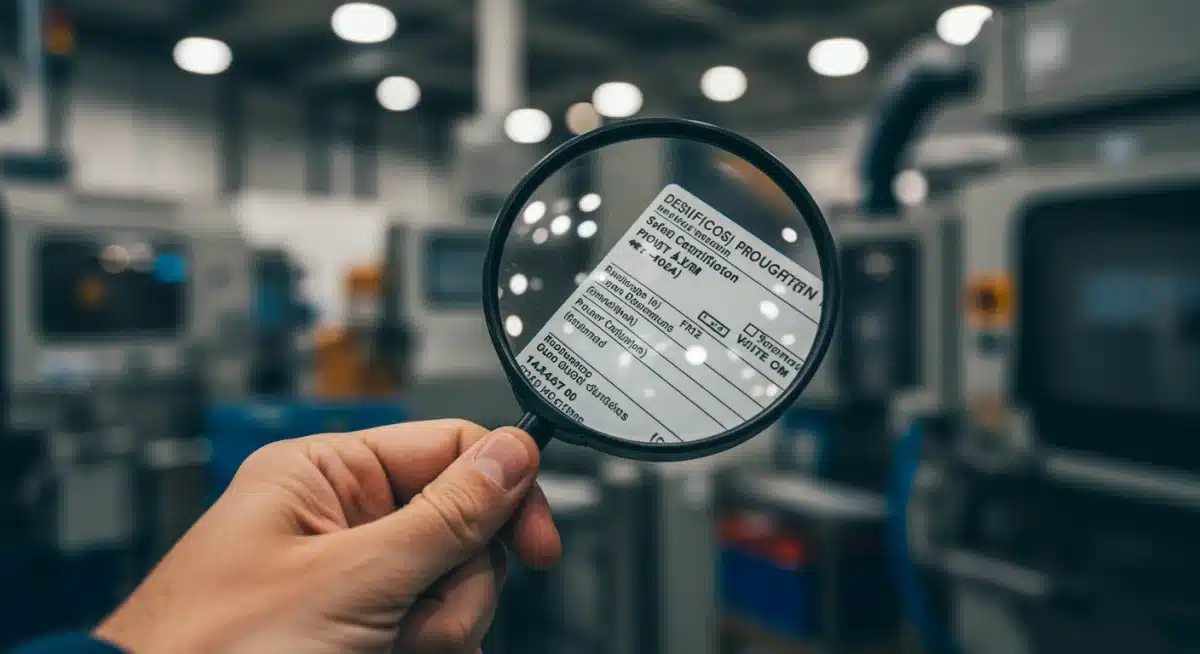 Hand with magnifying glass examining a product safety label for compliance.
