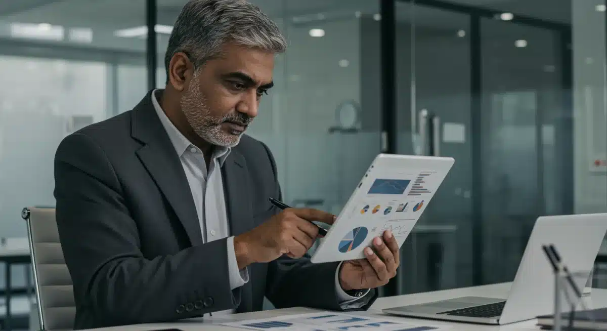 Business executive analyzing economic forecasts and discount strategies on a tablet.
