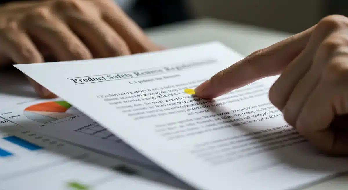 Hand pointing to product safety regulations in a legal document.