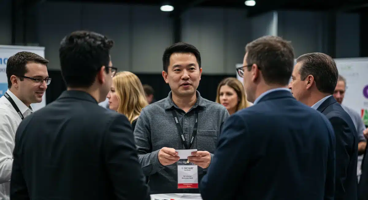 Brand ambassadors networking at an industry event, fostering connections