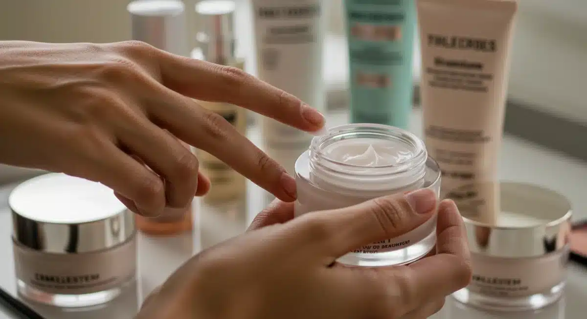 Hand applying luxurious cream from a branded jar, highlighting premium beauty product texture and packaging.