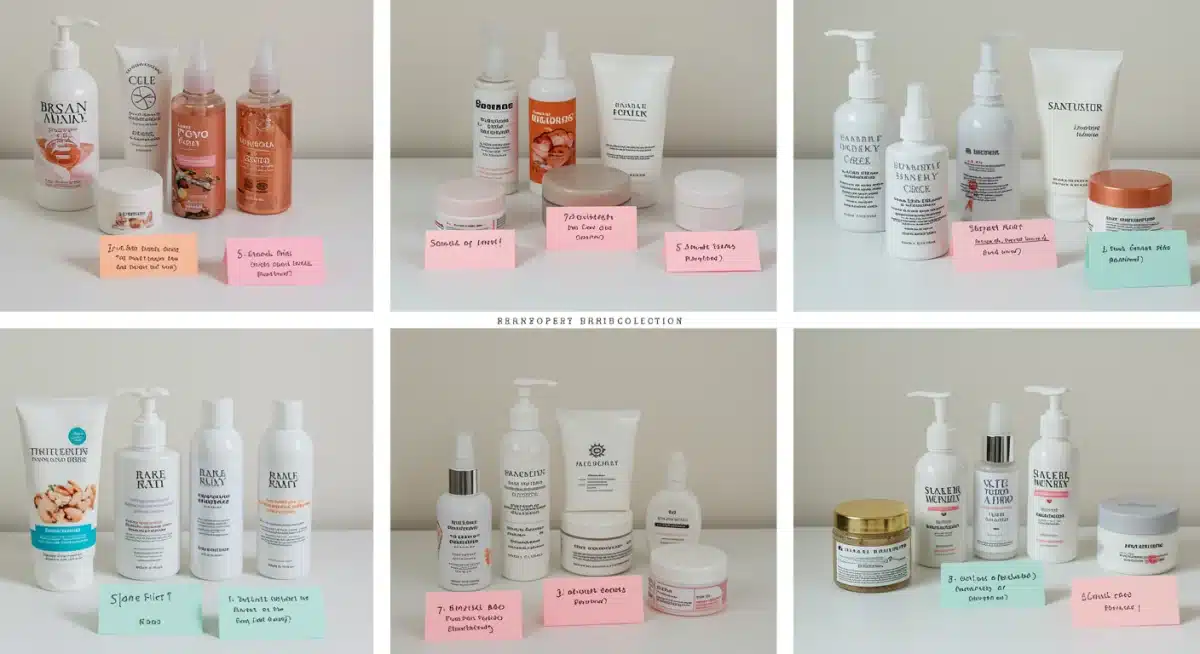 Arrangement of beauty products with review notes for testing