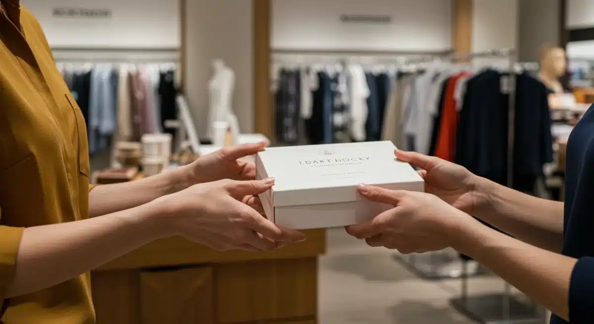 Customer receiving a personalized loyalty reward gift from a store associate, showcasing exclusive benefits.