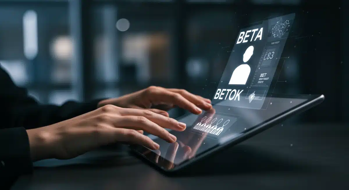 Hands typing feedback on a tablet, influencing beta software development.