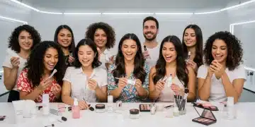 Diverse individuals testing premium beauty products in a modern lab setting, showcasing various skincare and makeup items.