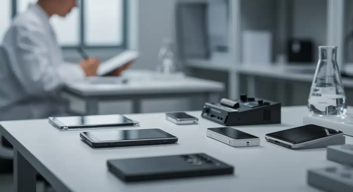 Professional tech product evaluation in a modern testing lab.