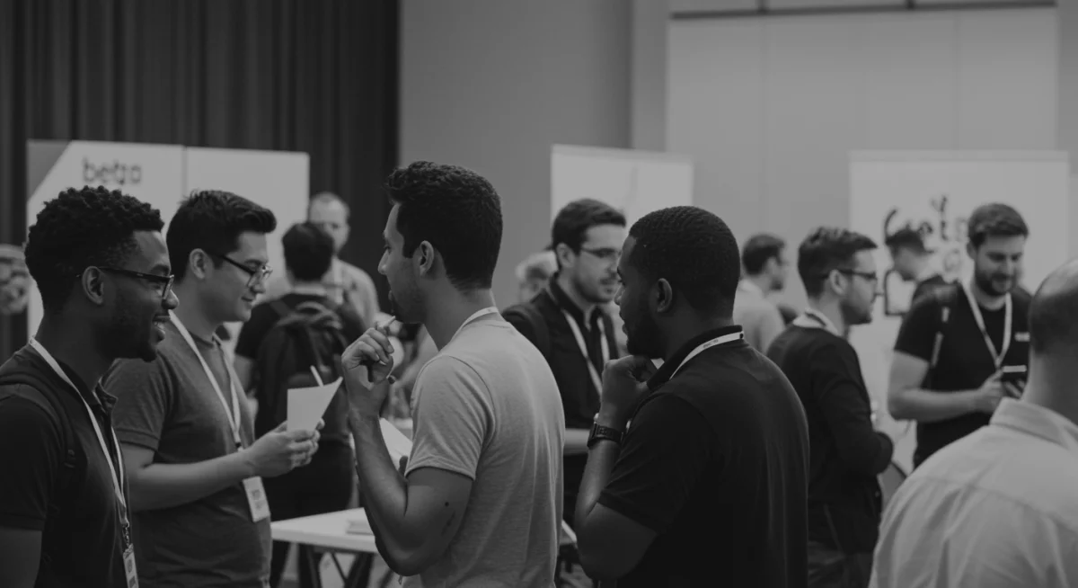 Diverse tech professionals networking at a beta tester event, fostering community connections.