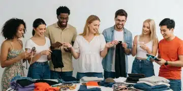 Diverse group testing new apparel and accessories in a bright studio