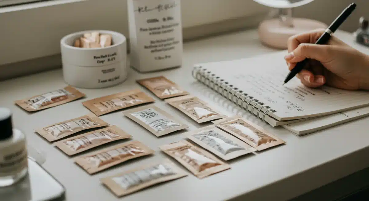 Variety of beauty product samples on a vanity, with a hand writing notes, indicating product testing and review process.