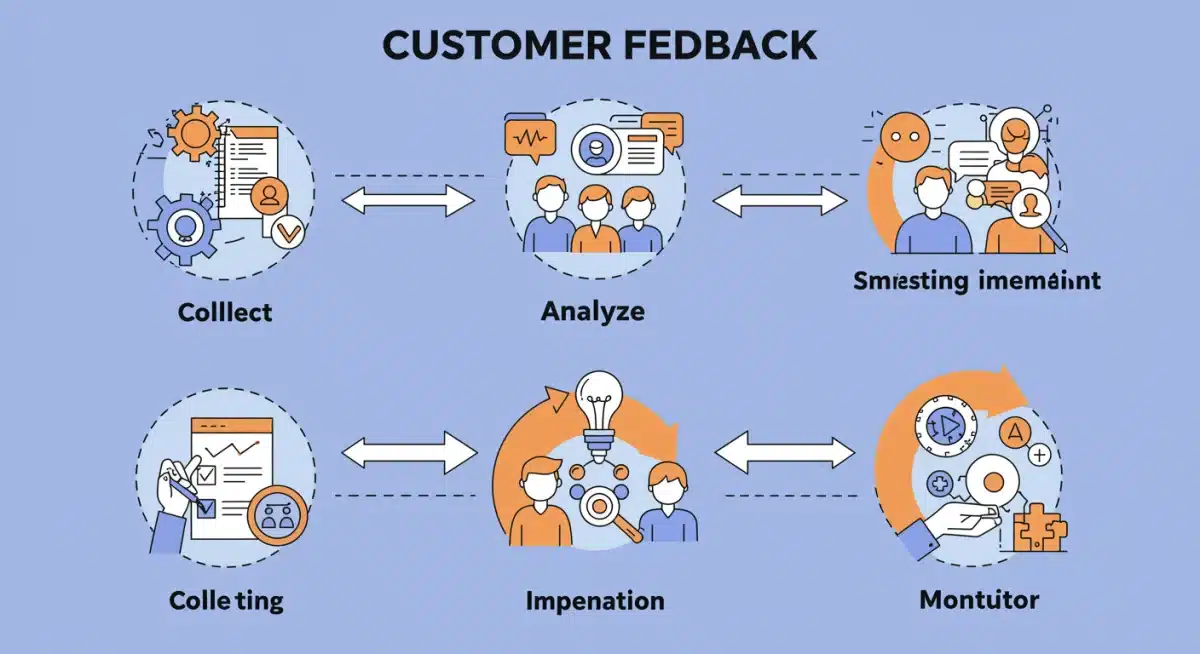 Infographic illustrating the streamlined process of customer feedback collection, analysis, and implementation.