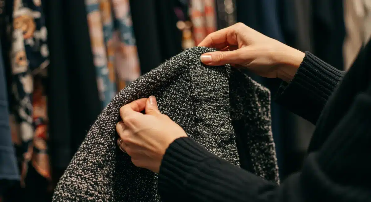 Hands inspecting fabric quality of a jacket, with accessories in background