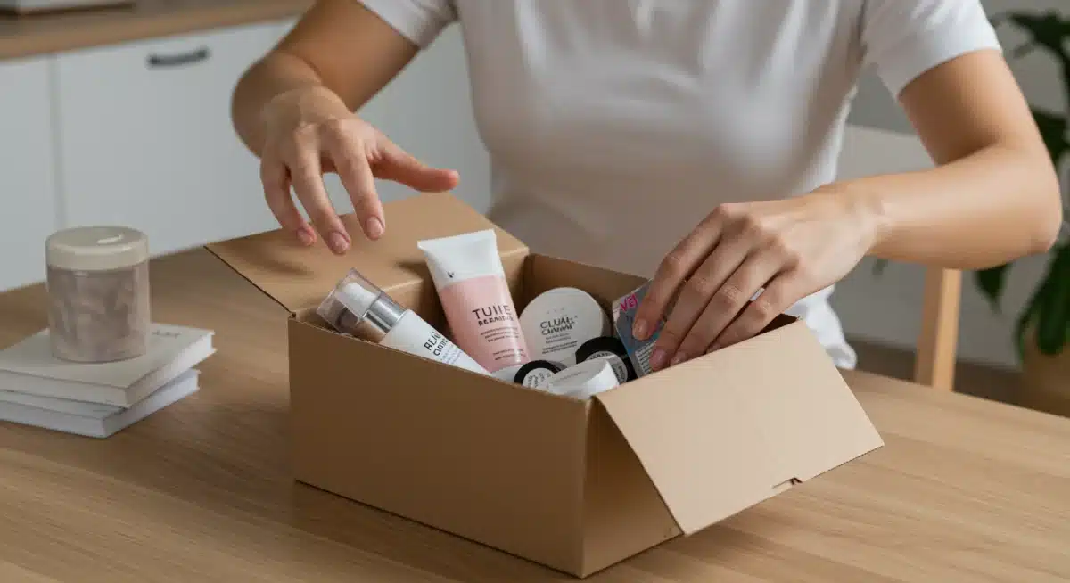 Person unboxing a free beauty box, discovering new skincare and makeup products with enthusiasm in a home setting.