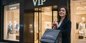 Woman with luxury shopping bag, embodying VIP retail experience.