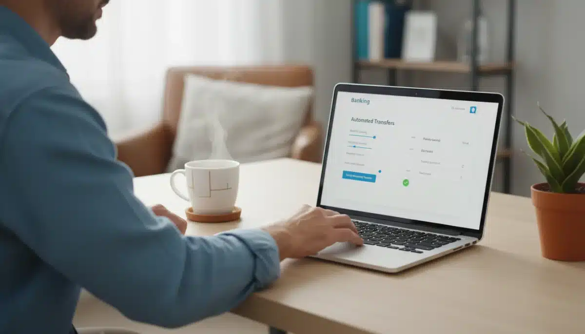 Person setting up automated savings transfers on a laptop, demonstrating financial automation.