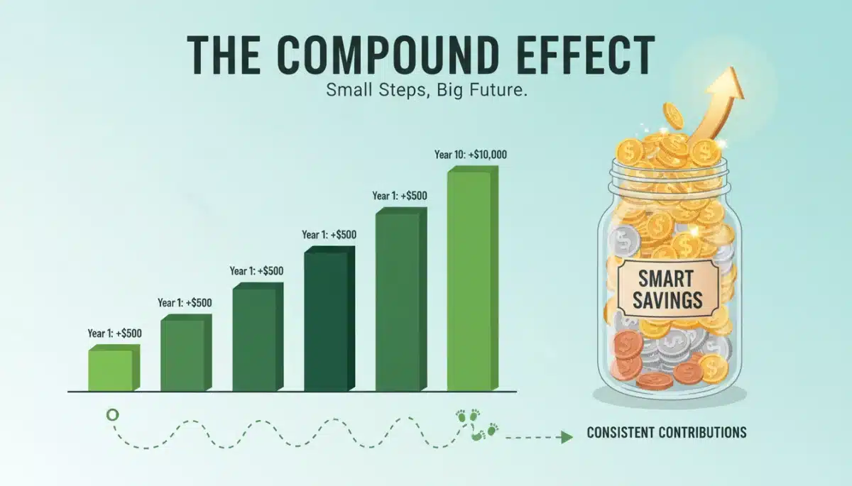 Infographic showing compound effect of consistent small savings over time, highlighting financial growth.