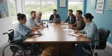Diverse group reviewing disability benefit application forms.