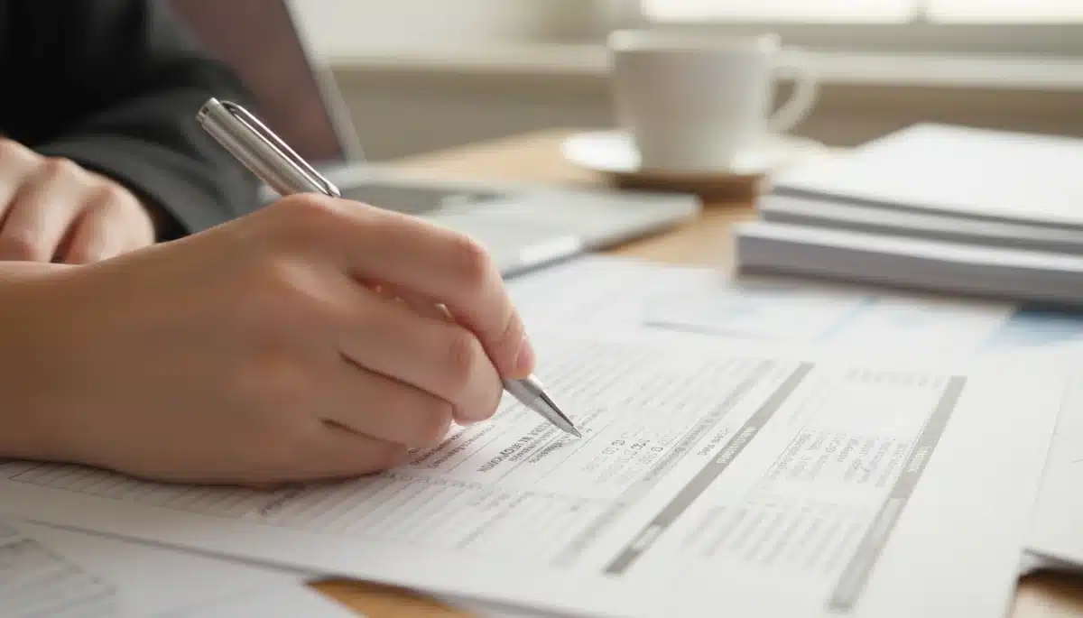Hands meticulously filling out a disability benefits application.