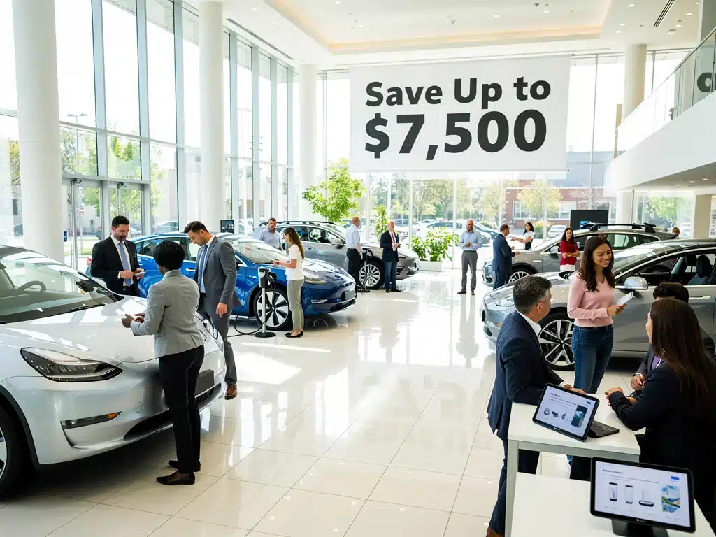 Consumers exploring electric vehicles at a dealership with tax credit advertisement