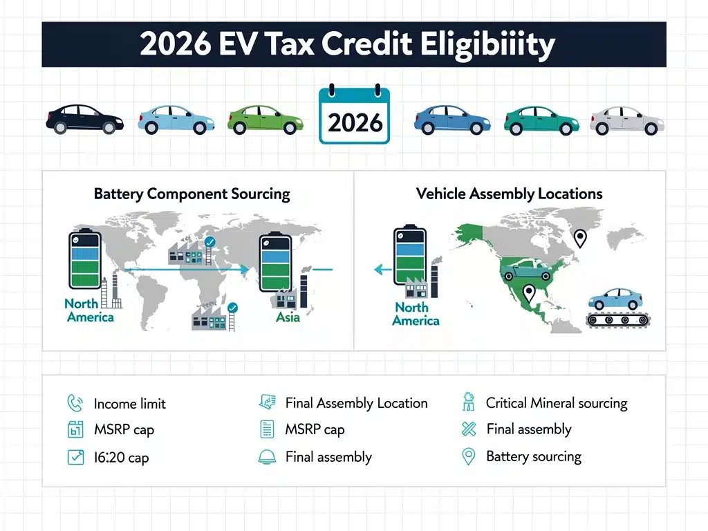 Infographic detailing 2026 EV tax credit eligibility requirements