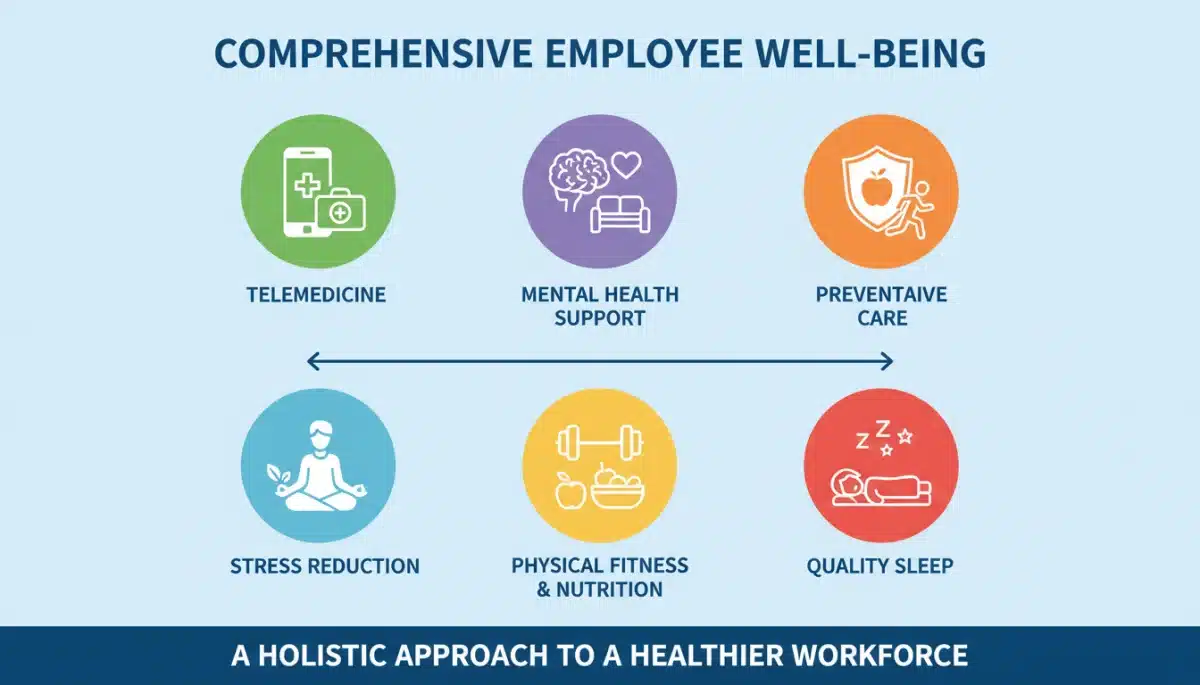 Infographic showing diverse health and wellness benefits for employees