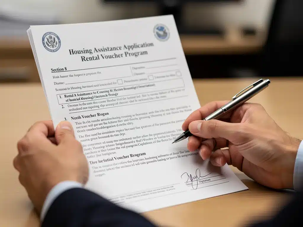 Hands reviewing official housing assistance application forms and documents.