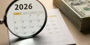 Calendar page 2026 with magnifying glass over cash, representing future Social Security COLA increase