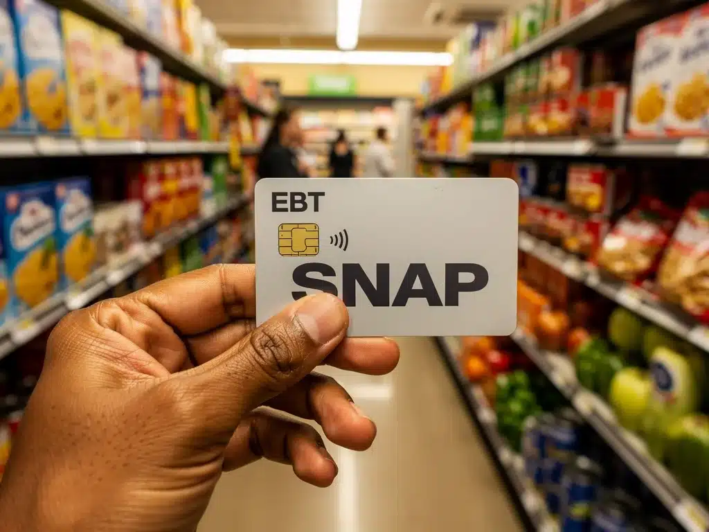 Hand holding EBT card at a grocery store checkout