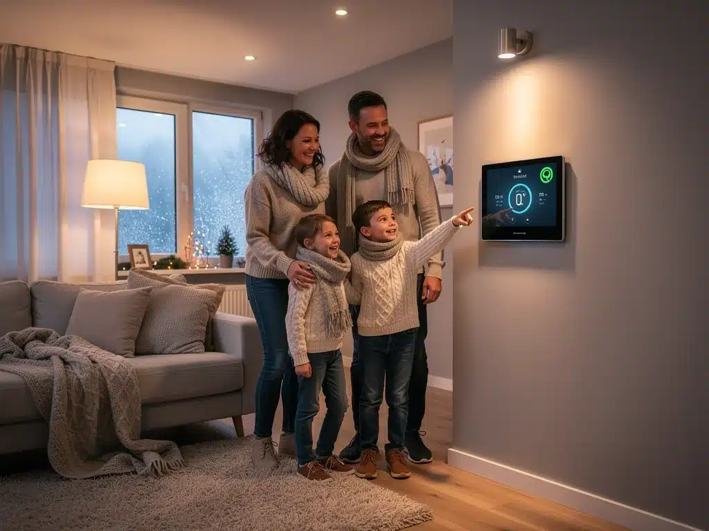 Family adjusting smart thermostat, symbolizing efficient energy management and comfort through assistance programs.
