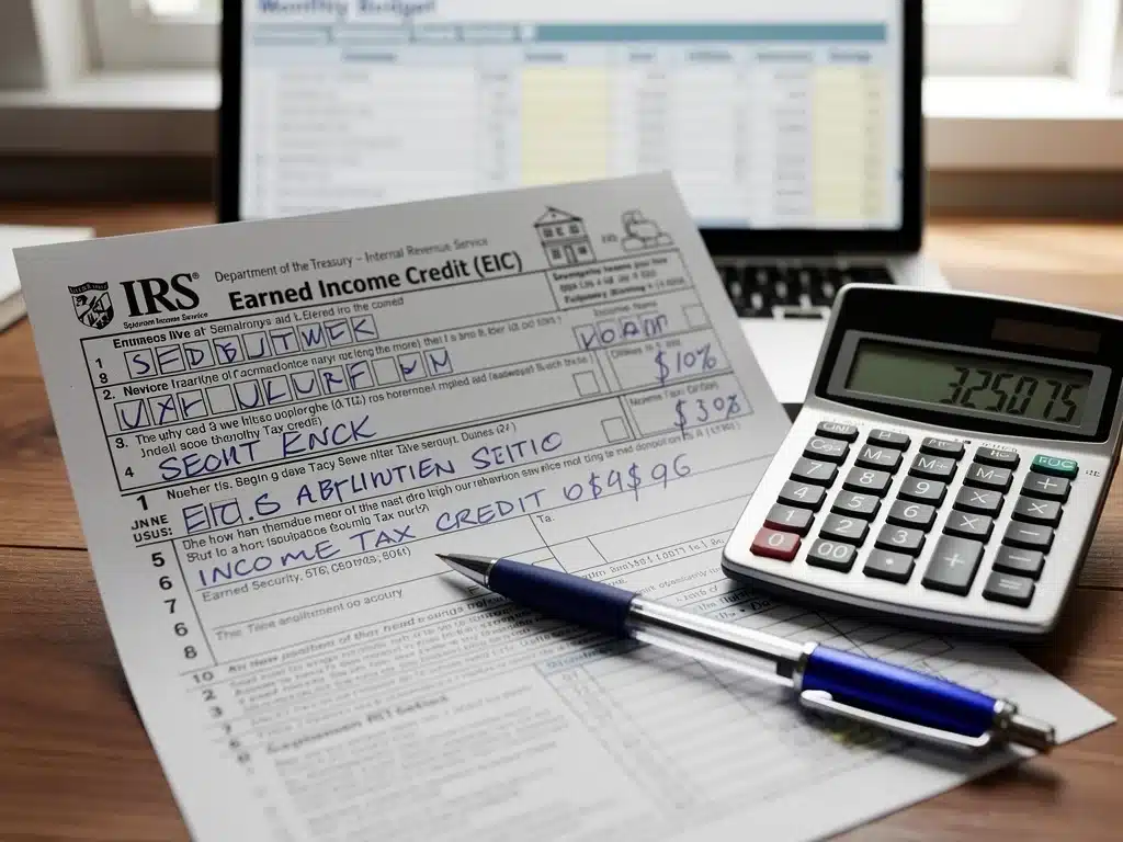 IRS EITC tax form with calculator and pen