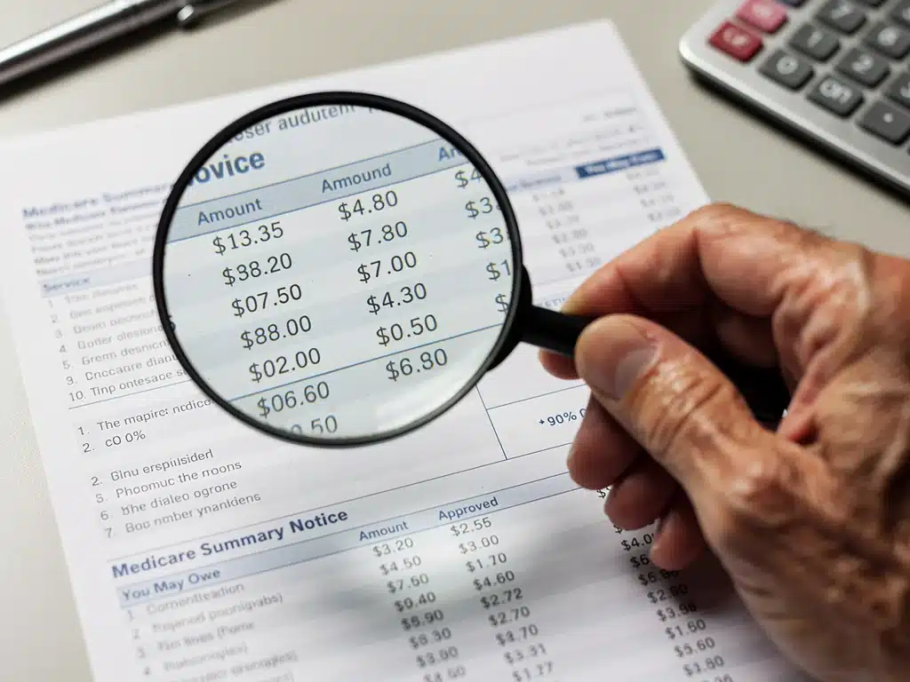 Magnifying glass over Medicare statement detailing premium adjustments.