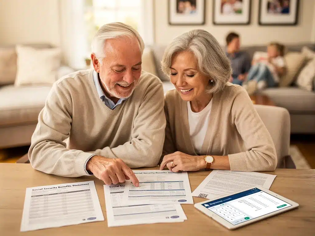 Happy elderly couple reviewing financial documents, understanding Social Security benefits