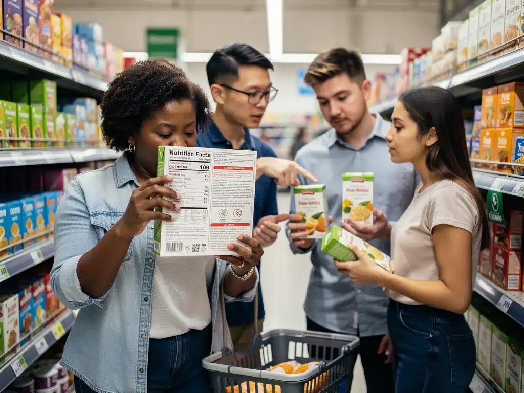 Consumers reviewing product information and discussing safety in a store.