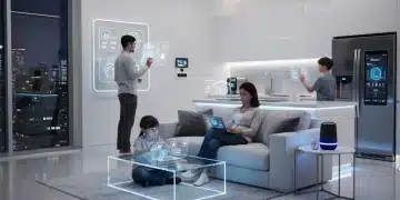 Futuristic smart home interior with integrated new tech gadgets