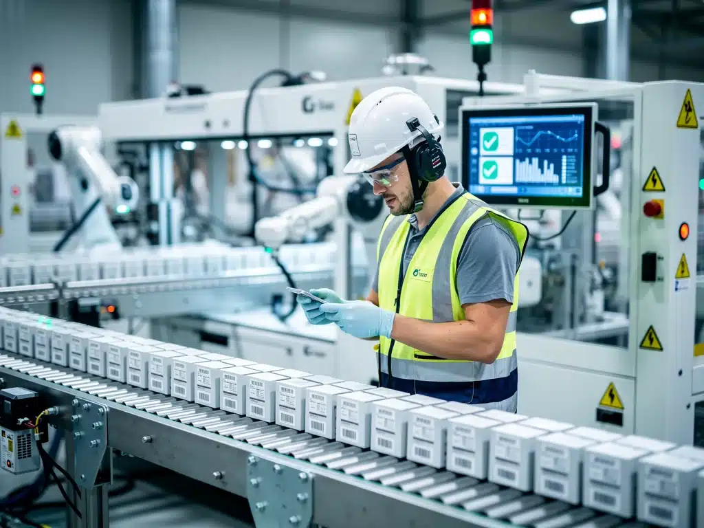 Quality control inspection in a manufacturing facility, ensuring product safety standards.