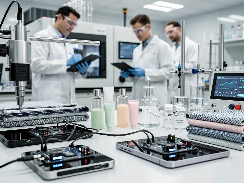 Scientists conducting various tests on consumer products in a modern laboratory.