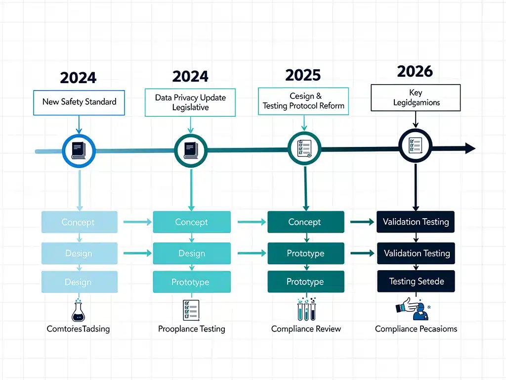 Legislative timeline graphic illustrating key policy changes and their impact on product testing.
