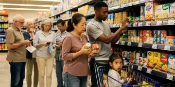 Shoppers react to price adjustments in a supermarket aisle.